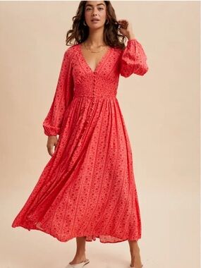 NWT In Loom Estrella Smocked V-Neck Maxi Dress boho festival medium